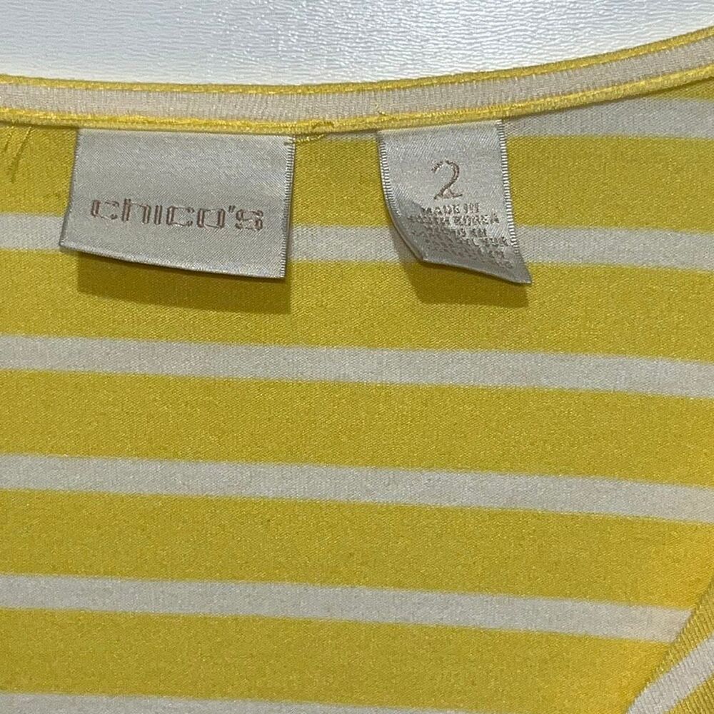 Chico's Women's Yellow White Miraculous Striped Tiered‎ Tunic Top Blouse Size 2 - Picture 4 of 9